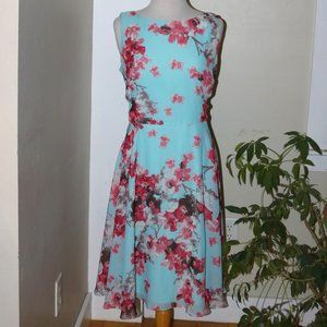 S L Fashions Aqua w Pink Floral Sleeveless V-Back A-Line Dress Sz 14